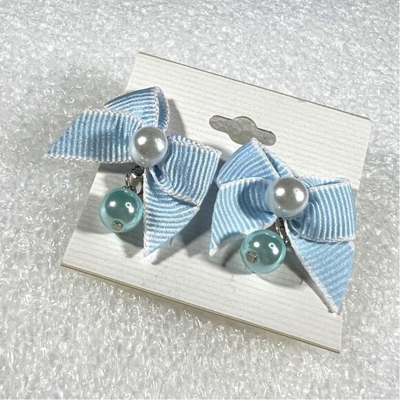 Retro Korean Coquette Faux Simulated Pearl Bow Earrings New on Card Deadstock - Picture 9 of 13
